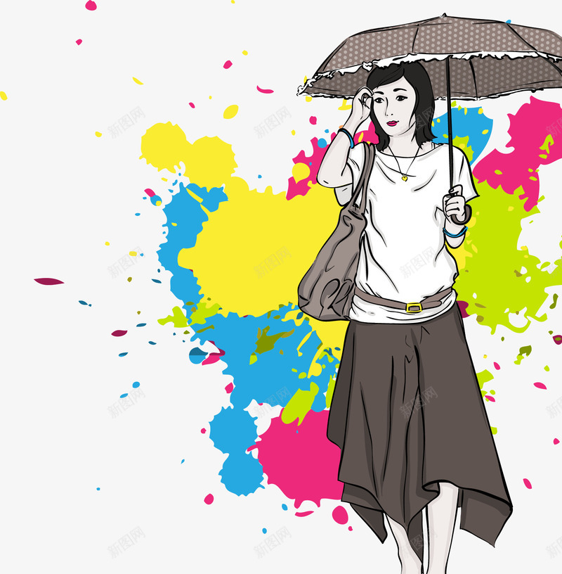 墨滴png免抠素材_新图网 https://ixintu.com 免费矢量下载 墨滴 撑伞的美女 美女插画 雨伞