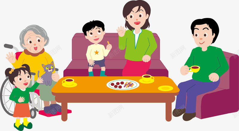 彩色卡通一家人团聚png免抠素材_新图网 https://ixintu.com 卡通 彩色 扁平化 桌面 沙发 紫色 美食 聚会