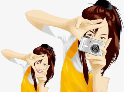 彩色人物造型手拿相机拍照的卡通女孩高清图片