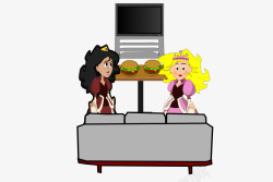 吃汉堡的两个卡通女孩素材