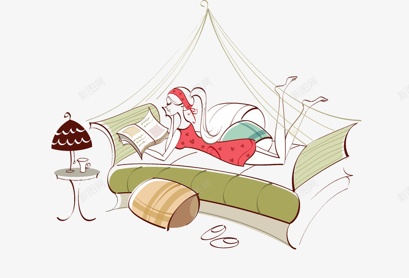 在床上看书的女孩png免抠素材_新图网 https://ixintu.com 卧室 插画 线描