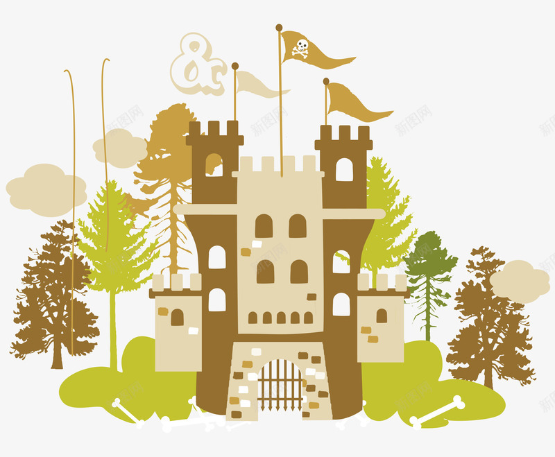 彩色卡通欧式城堡旗帜树木png免抠素材_新图网 https://ixintu.com 卡通的城堡 彩色的城堡 欧式的城堡 矢量的树木 飘逸的旗帜