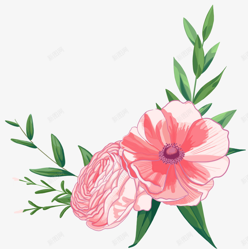 卡通手绘两朵粉色的花png免抠素材_新图网 https://ixintu.com 两朵花 动漫动画 卡通花朵 手绘 粉色的花朵 绿叶
