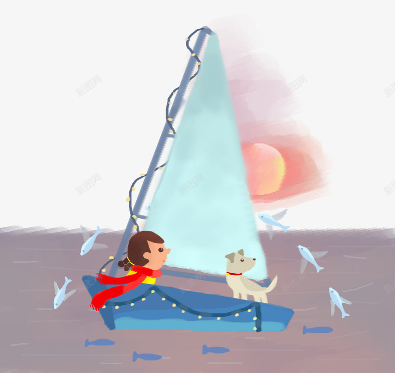 卡通手绘航海出行的人psd免抠素材_新图网 https://ixintu.com 卡通 手绘 狗狗装饰 航海出行的人 蓝色的船 跃起的鱼