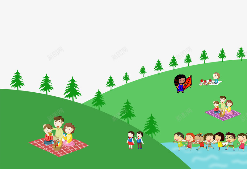 卡通手绘草地上玩耍的孩子psd免抠素材_新图网 https://ixintu.com 卡通 手绘 树木 河流 玩耍的孩子 草地上 踏青的人们
