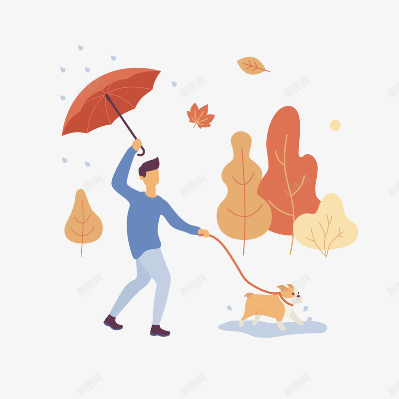 一个牵着狗打着伞的人矢量图eps免抠素材_新图网 https://ixintu.com 一个人png 一个人下载 一个人矢量图 狗 雨伞 矢量图