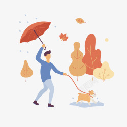 一个牵着狗打着伞的人矢量图素材