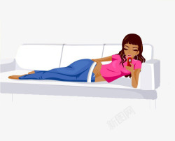 卡通躺在沙发上看手机的美女素材