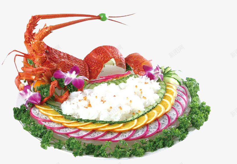 盘中的美食png免抠素材_新图网 https://ixintu.com 白米饭 红红的龙虾 花盘中的食物