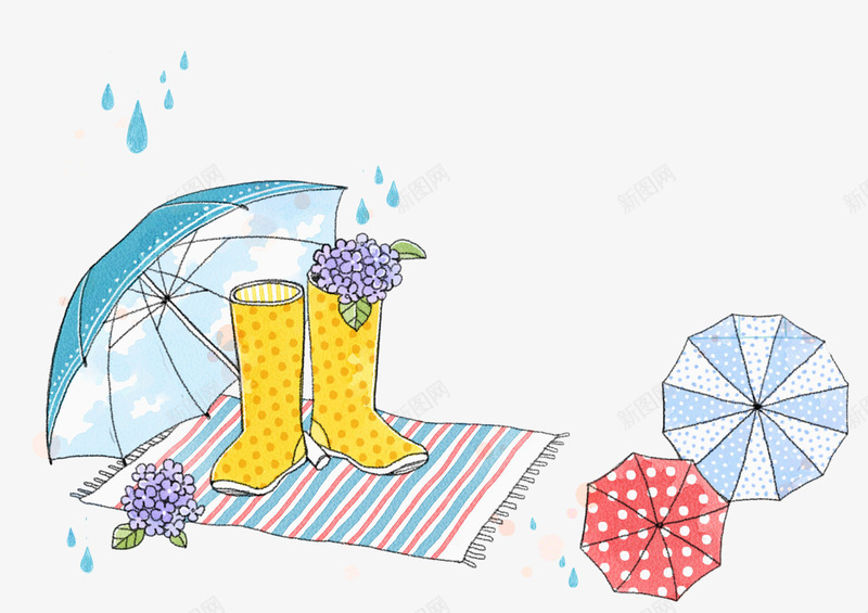 手绘雨伞雨靴png免抠素材_新图网 https://ixintu.com 下雨 卡通雨点 手绘 毛巾 花卉 雨伞 雨水 雨滴 雨靴