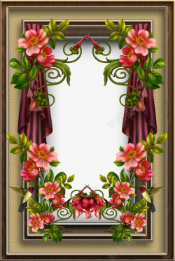 帘子边框红色花装饰相框高清图片