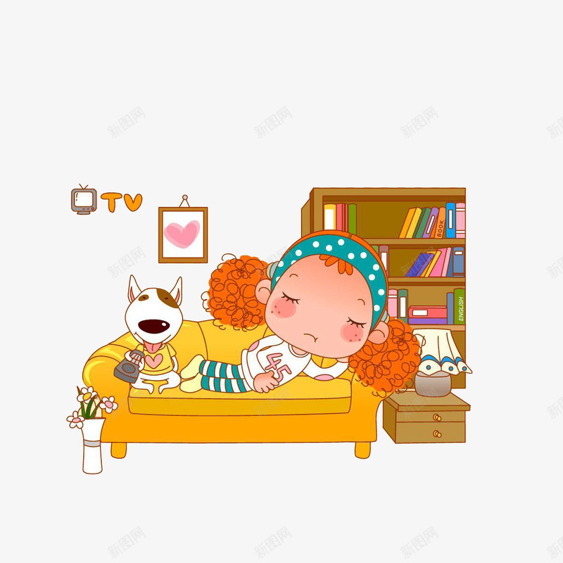 躺沙发上睡觉的卷发女孩png免抠素材_新图网 https://ixintu.com 书架 宅在家 沙发上的人 瘫沙发上 瘫靠沙发 相框 躺着的小女孩
