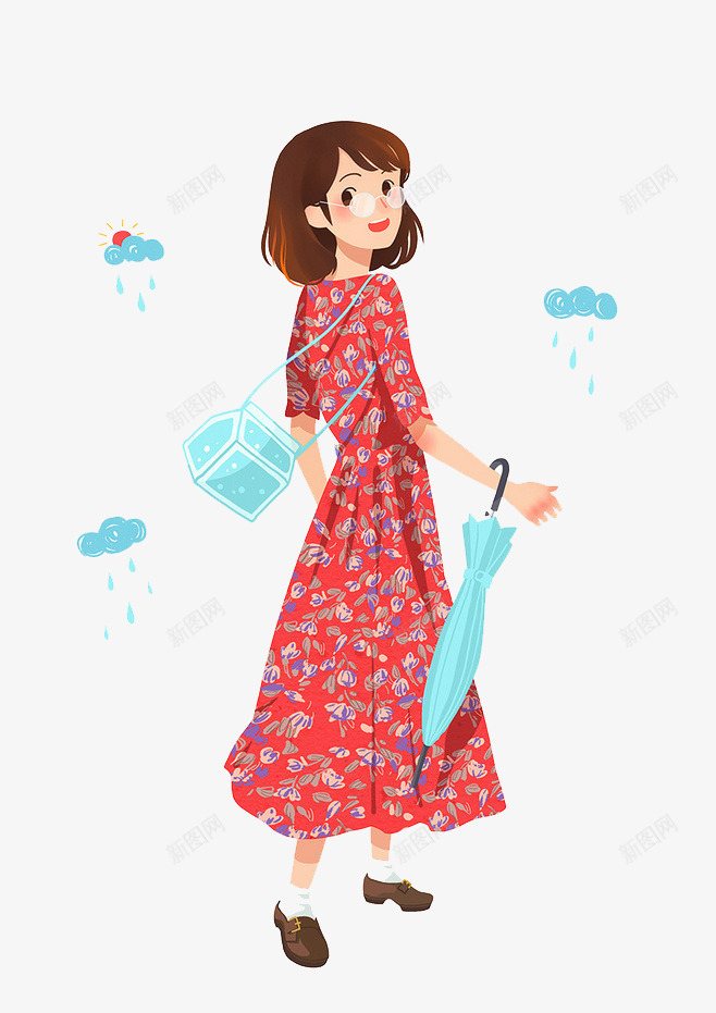 雨伞女孩png免抠素材_新图网 https://ixintu.com 云朵 小清新女孩 花朵裙子 蓝色雨伞 雨滴