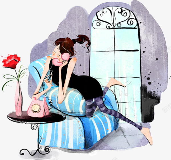 卡通居家图案png免抠素材_新图网 https://ixintu.com 女孩 居家 插画 沙发 电话 花瓶玫瑰
