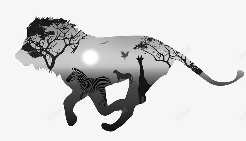 非洲png免抠素材_新图网 https://ixintu.com 文化 狮子造型 黑白
