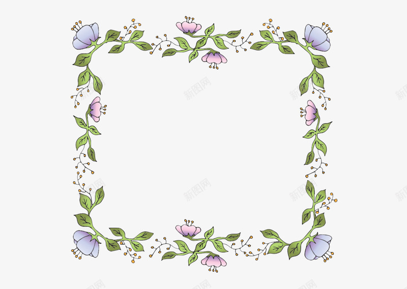 花朵边框png免抠素材_新图网 https://ixintu.com 手绘 正方形 绿叶 编制 花朵