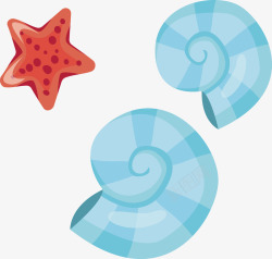 泛红色的海螺手绘蓝色海螺与海星矢量图高清图片