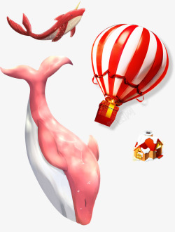 红色热气球与海豚素材