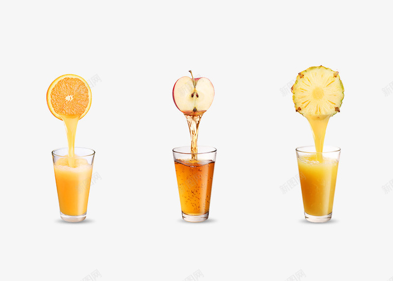 三杯果汁psd免抠素材_新图网 https://ixintu.com 产品实物图 橙汁 苹果汁 菠萝汁