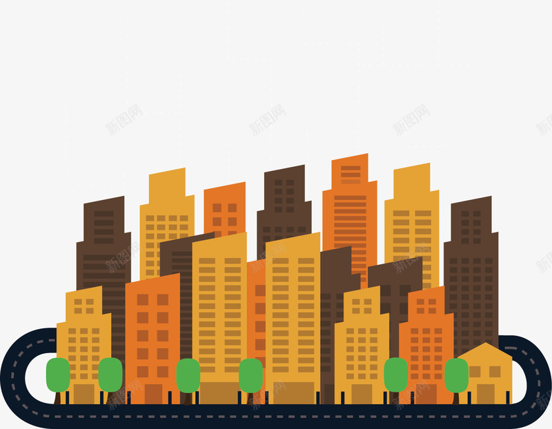 城市建设png免抠素材_新图网 https://ixintu.com 国外创意素材 矢量插图 马路 高楼大厦 黄色