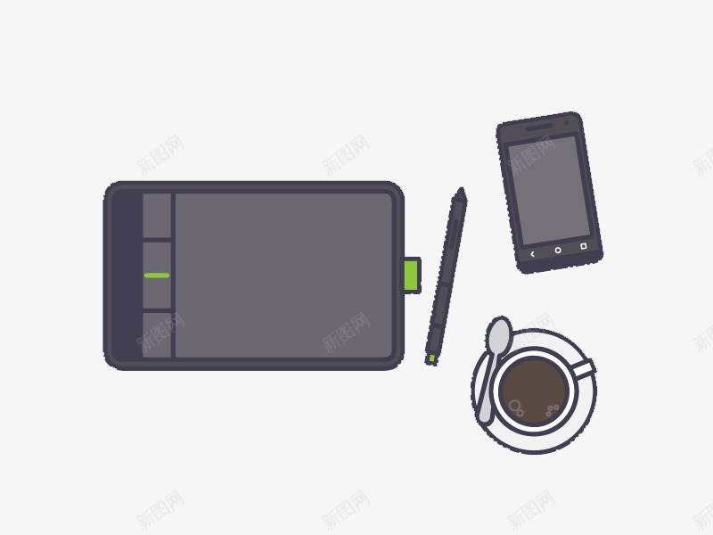 手绘板png免抠素材_新图网 https://ixintu.com 咖啡 国外创意 手机 手绘板 数码产品 电子笔 矢量插图 黑色