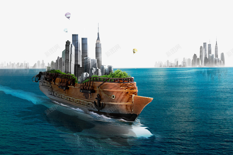 轮船上的城市png免抠素材_新图网 https://ixintu.com 创意商务 商业金融 地产 城市建筑 海面 轮船 远景城市
