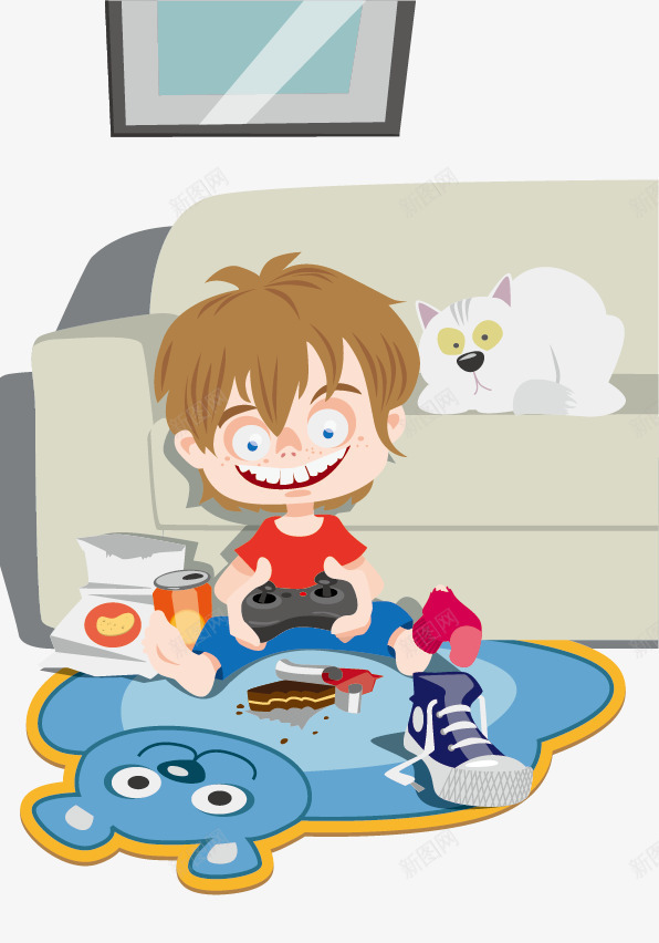 卡通玩游戏的儿童png免抠素材_新图网 https://ixintu.com 儿童 手柄 沙发 猫 玩游戏