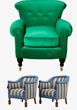 一对沙发黄蓝相间沙发和绿色沙发高清图片