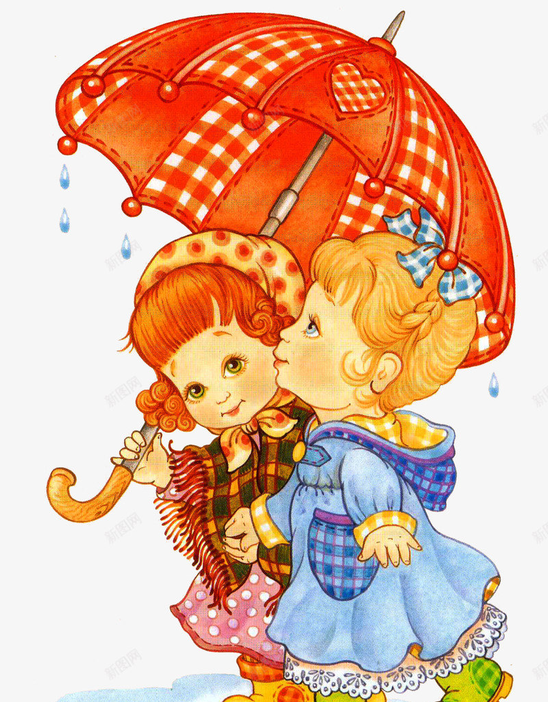 一起撑雨伞的小伙伴png免抠素材_新图网 https://ixintu.com 友谊 好朋友 小女孩 手绘 红色雨伞