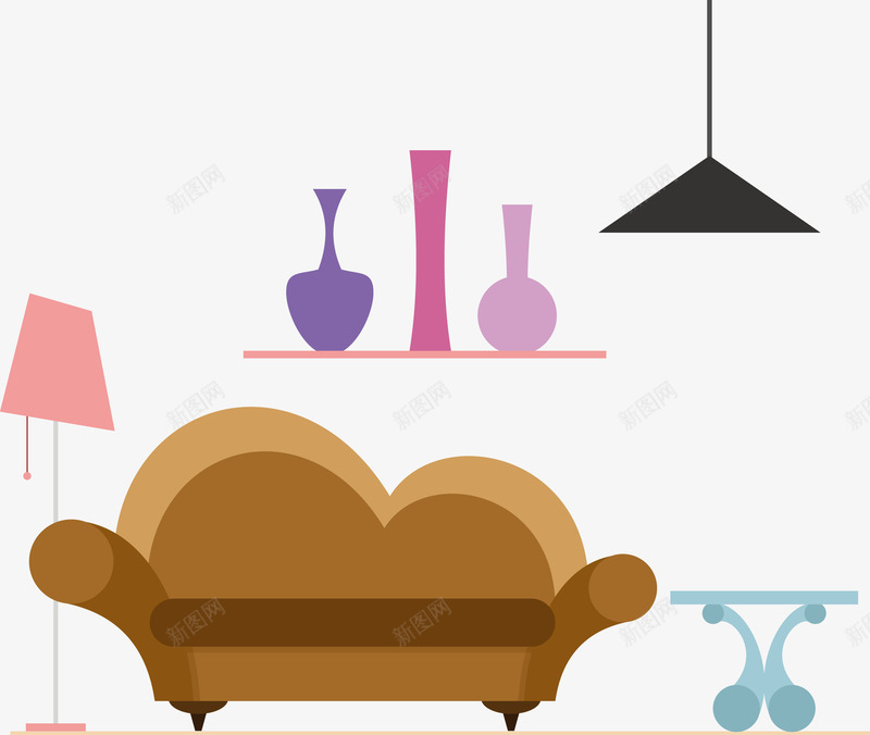 家里客厅里的摆式矢量图eps免抠素材_新图网 https://ixintu.com 客厅 家具 摆设 沙发 沙发PNG 矢量沙发 褐色沙发 矢量图