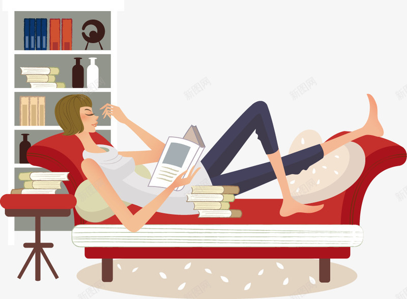 躺在沙发上看书的女孩矢量图ai免抠素材_新图网 https://ixintu.com 书柜 沙发 看书的女孩 躺在沙发上看书的女孩 矢量图