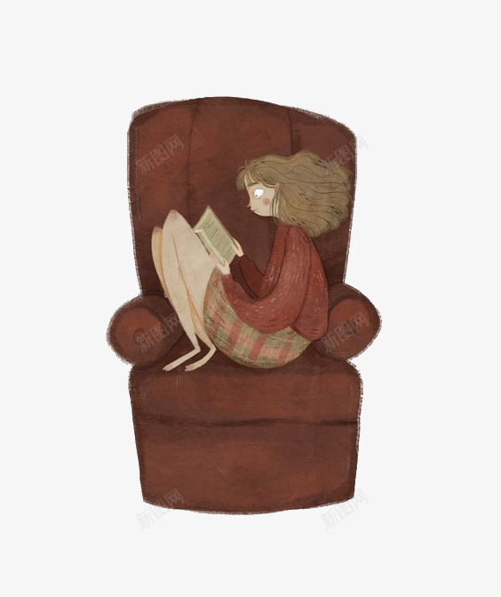看书的女孩png免抠素材_新图网 https://ixintu.com 卡通 女孩 家居 手绘 插画 沙发 看书