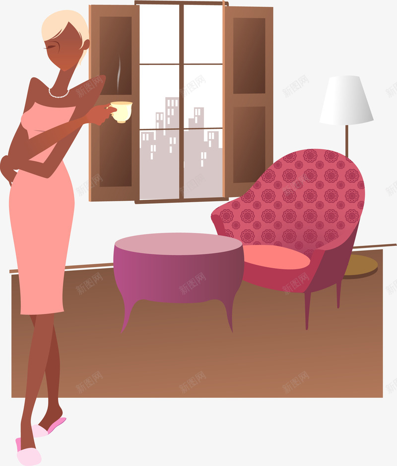 穿着礼服喝咖啡的女人png免抠素材_新图网 https://ixintu.com 沙发 窗户 茶几