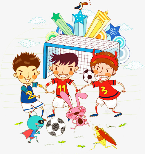 小孩踢足球png免抠素材_新图网 https://ixintu.com 卡通 插画 星星 海报插画 漫画 绘画 足球