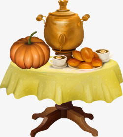 手绘桌上的茶壶及食物素材