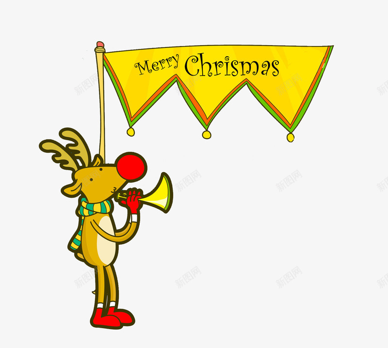 卡通拿着旗子的小鹿图png免抠素材_新图网 https://ixintu.com 喇叭 圣诞标语 圣诞节 小鹿 插图 旗帜 黄色的
