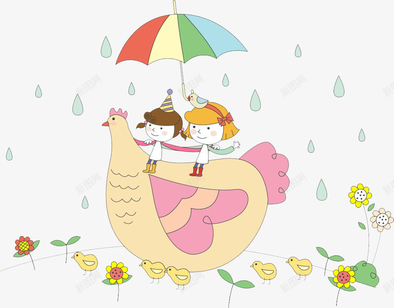 骑鸡的小孩png免抠素材_新图网 https://ixintu.com 下雨 卡通 孩子 手绘 雨伞 骑鸡