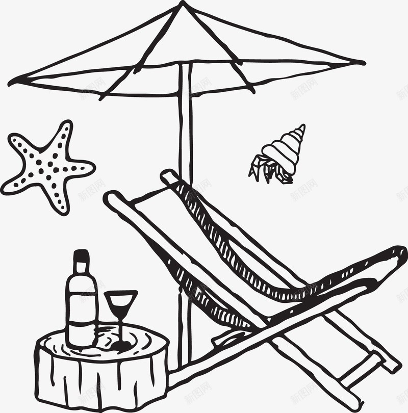 雨伞下的躺椅png免抠素材_新图网 https://ixintu.com 海星 海螺 装饰 躺椅 雨伞
