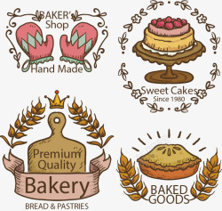 手绘面包房手绘4个烘焙图标矢量图高清图片