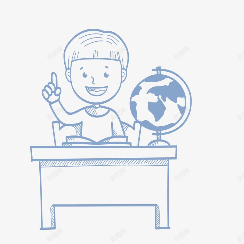 卡通蓝色认真学习男孩png免抠素材_新图网 https://ixintu.com 地球仪 小桌子 小男孩 背景装饰 蓝色 认真学习