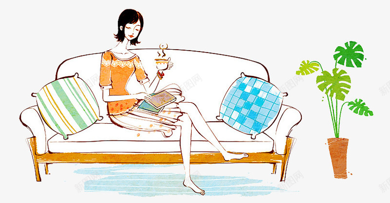 手绘插图喝咖啡的女孩png免抠素材_新图网 https://ixintu.com 咖啡 喝咖啡人物 坐在沙发 女孩 手绘插图 植物 边喝咖啡边读书
