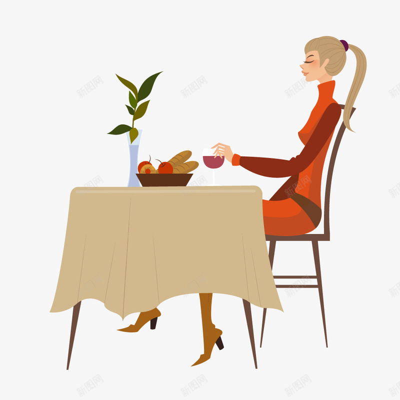 桌子旁喝红酒的女孩png免抠素材_新图网 https://ixintu.com 卡通 喝红酒 女孩 桌子