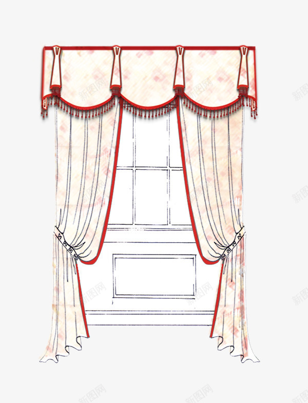 窗帘png免抠素材_新图网 https://ixintu.com 布艺 手绘窗帘 白红 纱幔 装饰窗帘