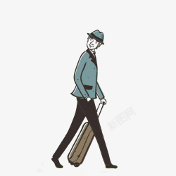 西装革履的男子拉着行李箱回头看的男子高清图片