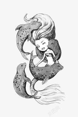 黑白手绘插画美人鱼与海豚素材