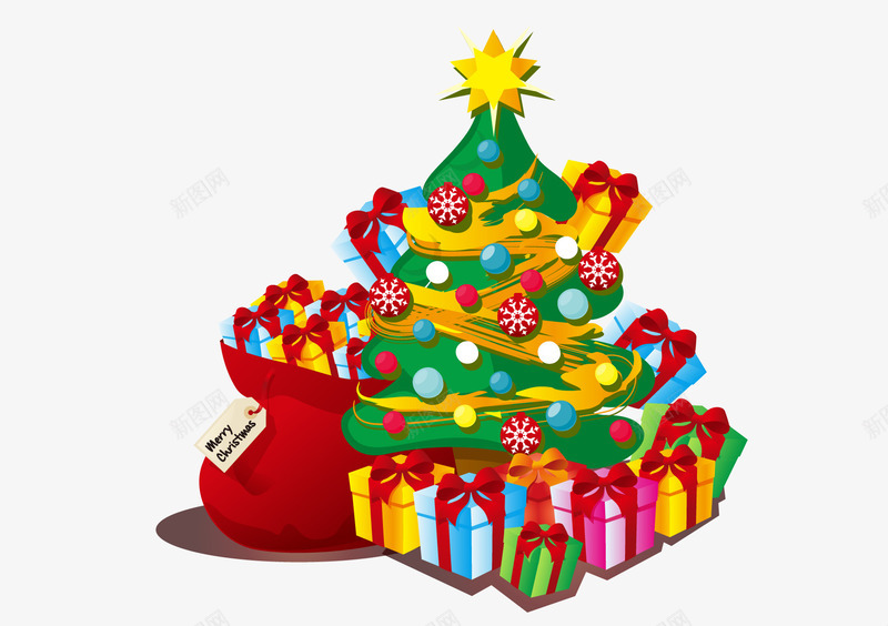 圣诞树木礼盒矢量图图标ai_新图网 https://ixintu.com 卡通礼盒 圣诞树 彩色底纹 扁平化 矢量图标 红色布袋 矢量图