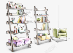 卡通书房座椅沙发书架素材
