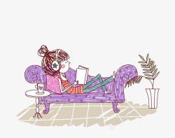 卡通躺在沙发上听歌看书的女孩素材