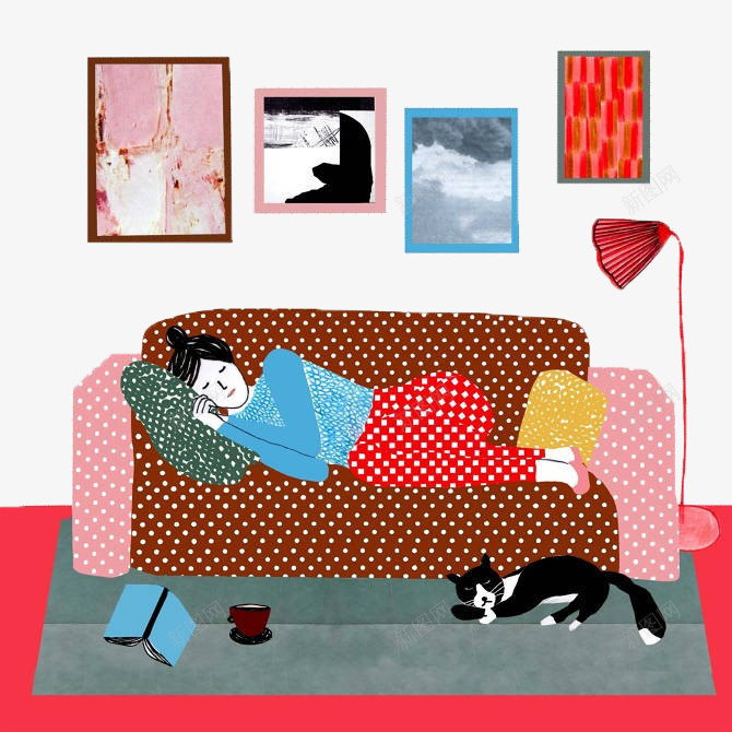 手绘睡觉的女人psd免抠素材_新图网 https://ixintu.com 卡通手绘 女人 挂画 沙发 猫咪 睡觉