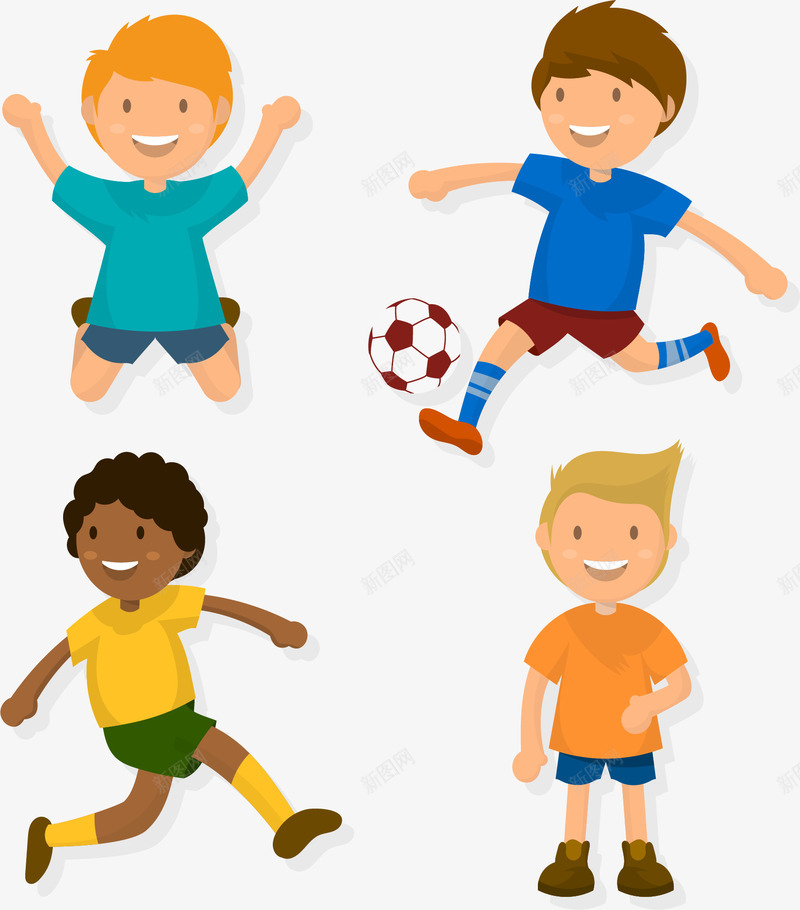 4款创意玩耍的男孩矢量图ai免抠素材_新图网 https://ixintu.com 人物 创意设计 卡通 玩耍 男孩 足球 跑 跳 运动 矢量图